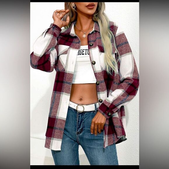 Red/Maroon Wine Plaid Flannel - Picture 1 of 3
